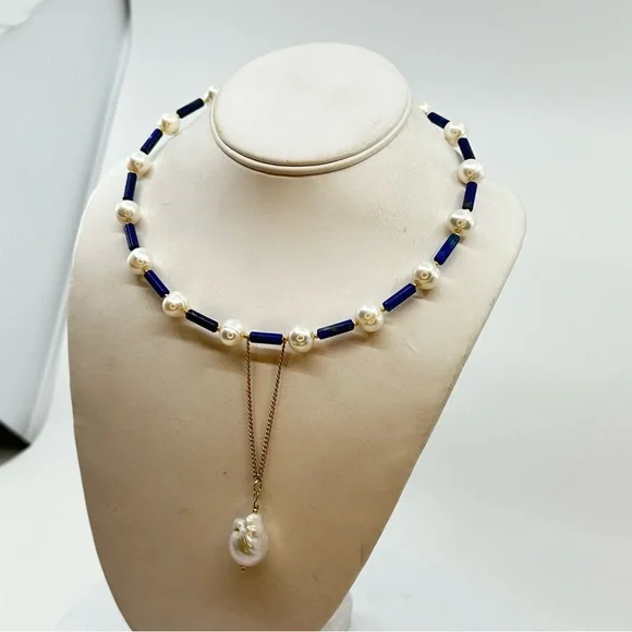 C106 New Handmade Natural Freshwater Pearl and Lapis Lazuli Choker - Picture 9 of 14